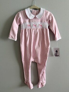 NWT Magnolia Baby Pink Bunny Smocked Footie Pima Cotton 9M